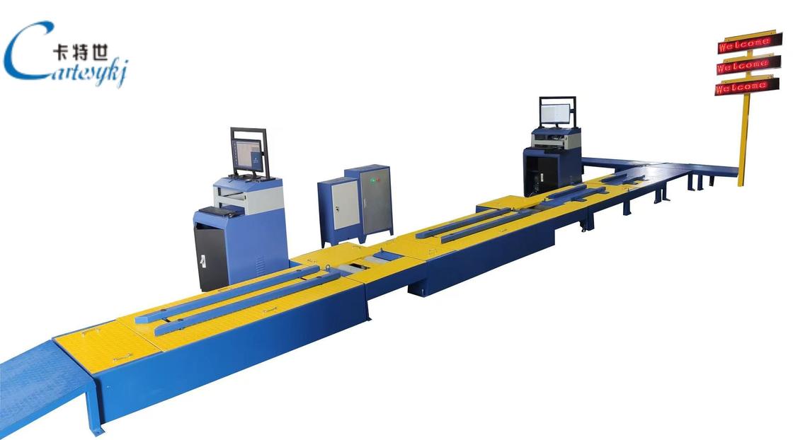 Ligne de contrôle centralisée pour motos à 2 roues comprenant : banc de freinage, mesure de la charge par essieu, contrôle du compteur de vitesse, serrage des roues, contrôle de la géométrie, contrôle des phares, sonomètre